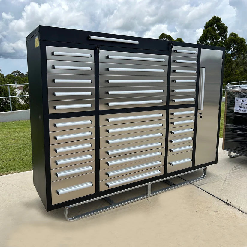 Outdoor photo of 7ft stainless steel garage storage cabinet from Chery Industrial on a pallet base