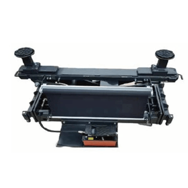 Overhead view of the Triumph RJ-9000 9,000 lb Rolling Bridge Jack with scissor-lift arms, adjustable lift pads, and a hydraulic pump for heavy-duty vehicle support.