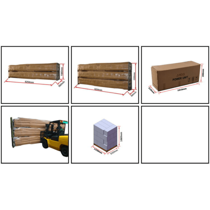 Packaging dimensions of AMGO PRO-14E 4 post lift parts with forklift loading example – heavy-duty commercial vehicle lift for shops