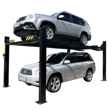 Pair of silver SUVs parked on an FP8K-B 8,000 lb basic service storage lift, illustrating double-vehicle stacking capability and space-saving four-post design.