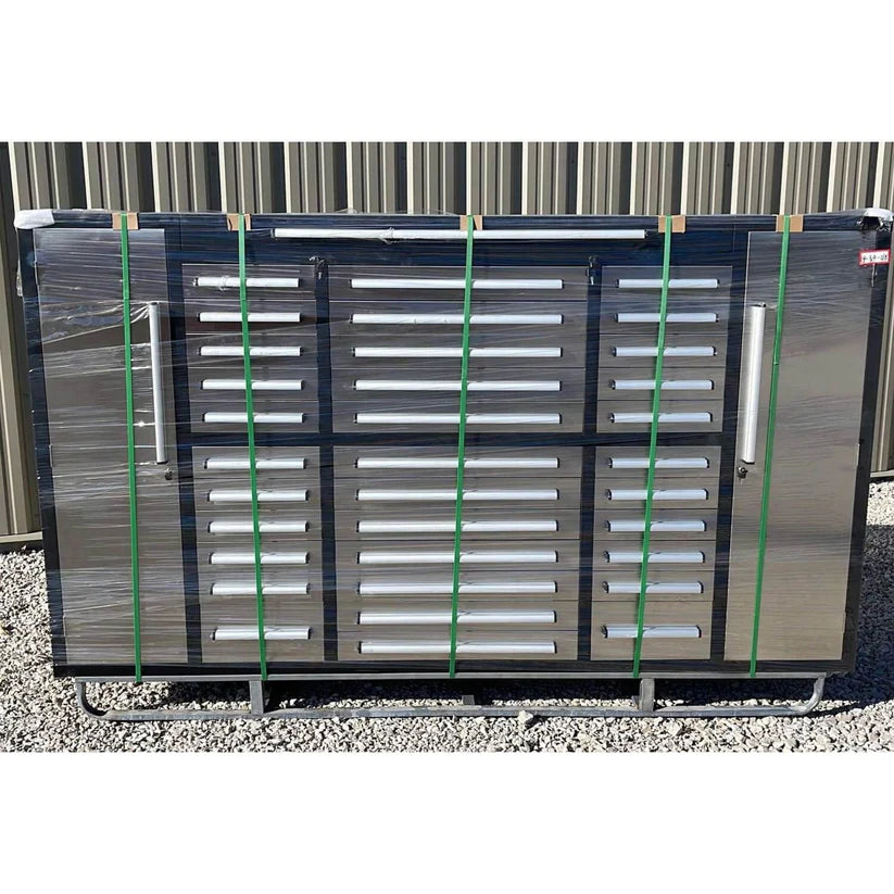 Pallet wrapped 9ft 34 drawer garage storage cabinet by Chery Industrial strapped for freight delivery