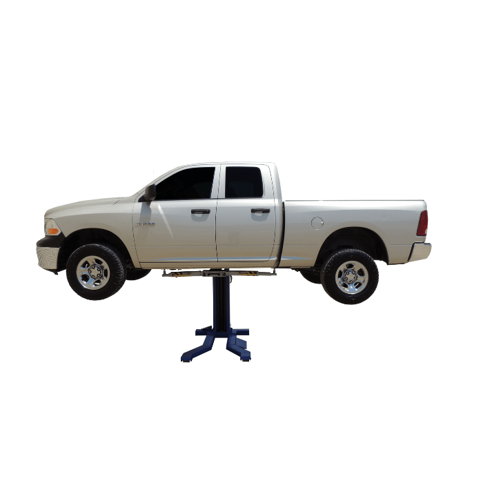 Pickup truck lifted mid-air using iDEAL 6000 lb single column lift