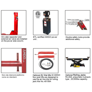 Product features of AMGO PRO-40 lift showing accessories, components, and safety systems