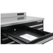 Pull-out tray close-up on the black Dragonfire Pro Series 7FT workbench with stainless backsplash and built-in power outlets (DFT-WB-24)