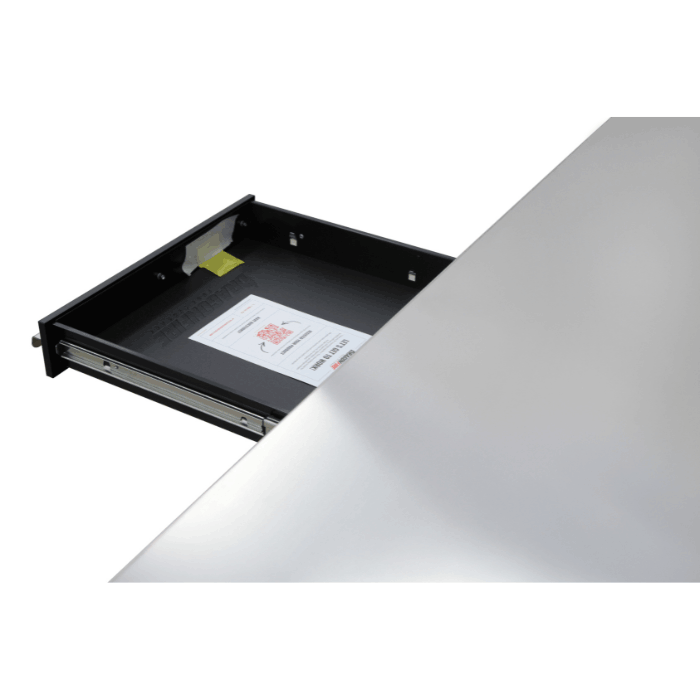 Pull-out tray detail under the stainless work surface on the gray Dragonfire Pro Series workbench, DFT-WB-24 with 24 drawers