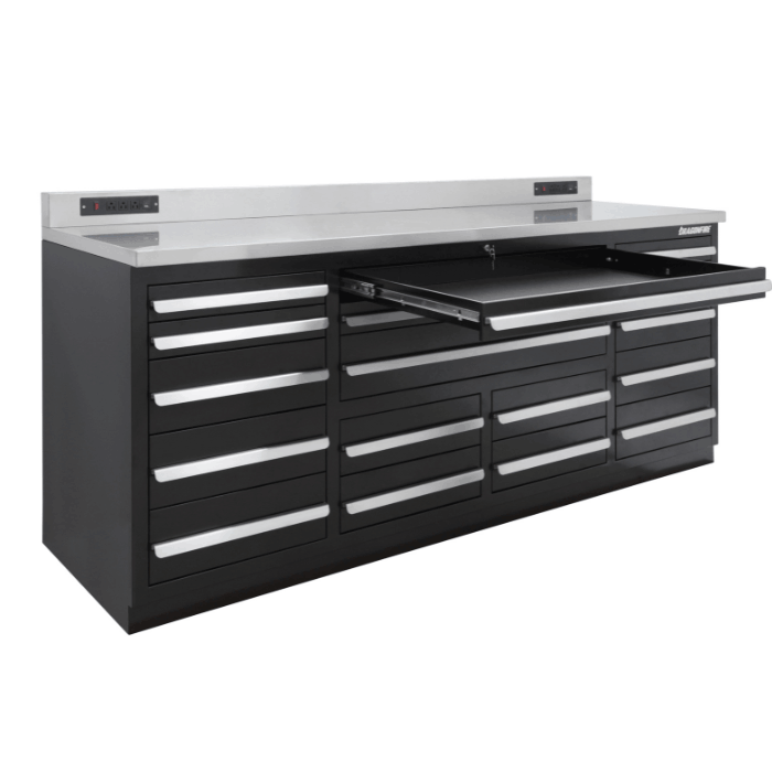 Pull-out tray drawer extended on the black Dragonfire DFT-WB-17 7ft workbench, showing full-width drawer storage