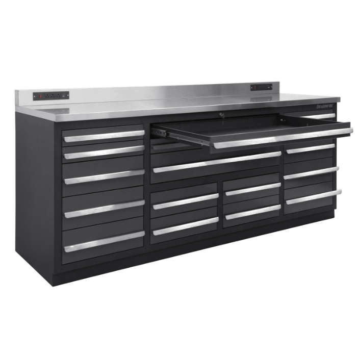 Pull-out tray drawer extended on the gray Dragonfire DFT-WB-17 7FT workbench with 17 drawer storage layout