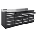 Pull-out tray drawer extended on the gray Dragonfire DFT-WB-17 7FT workbench with 17 drawer storage layout