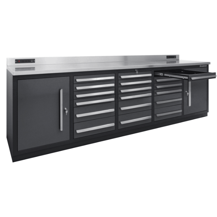 Pull-out tray drawer extended on the gray Dragonfire Pro Series 9FT workbench, 18 drawer storage design, DFT-WB-18