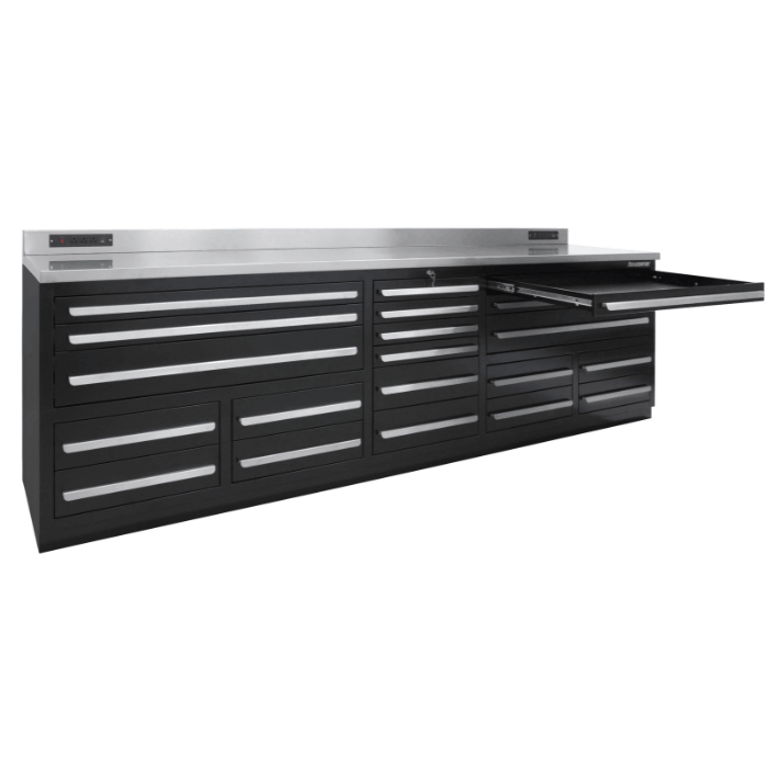 Pull-out tray extended on the black 9FT Dragonfire tool bench, showing long drawer layout and stainless backsplash (DFT-WB-20)