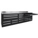 Pull-out tray extended on the black 9FT Dragonfire tool bench, showing long drawer layout and stainless backsplash (DFT-WB-20)