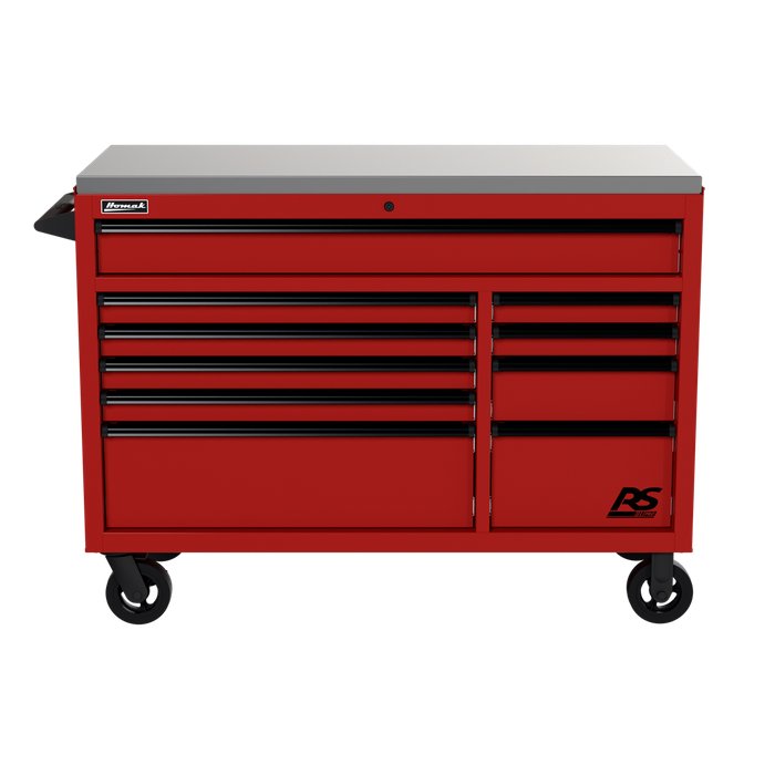 Homak 54" RS Pro 10-Drawer Rolling Cabinet with Stainless Steel Top in Fury Red