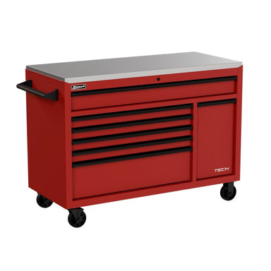 Homak 54" TECH 7-Drawer Rolling Workstation w/ Stainless Steel Top in Fury Red