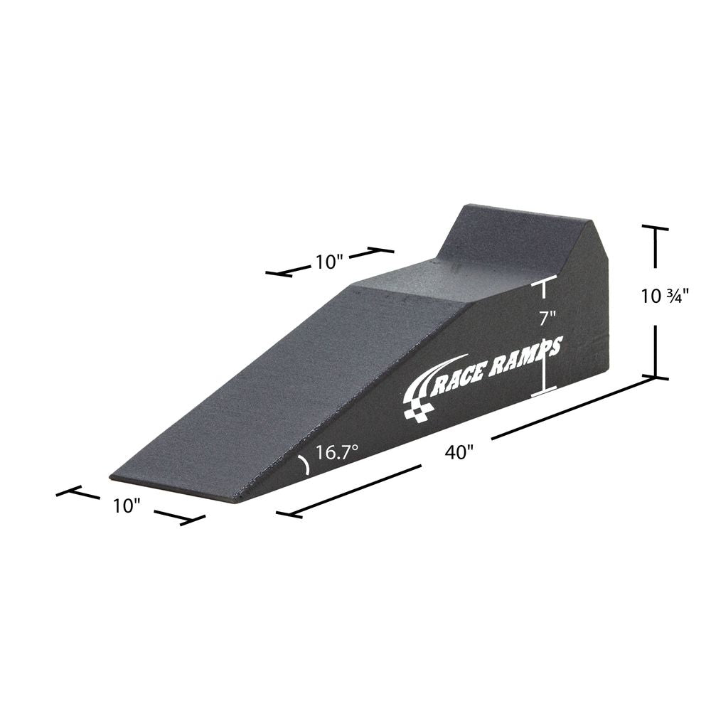 Race Ramps RR-40 dimensions, 40 inches long, 10 inches wide, 10.75 inches high, 16.7 degree approach