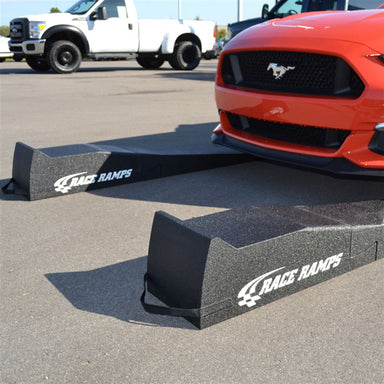 Mustang driven onto Race Ramps 72 inch two stage ramps