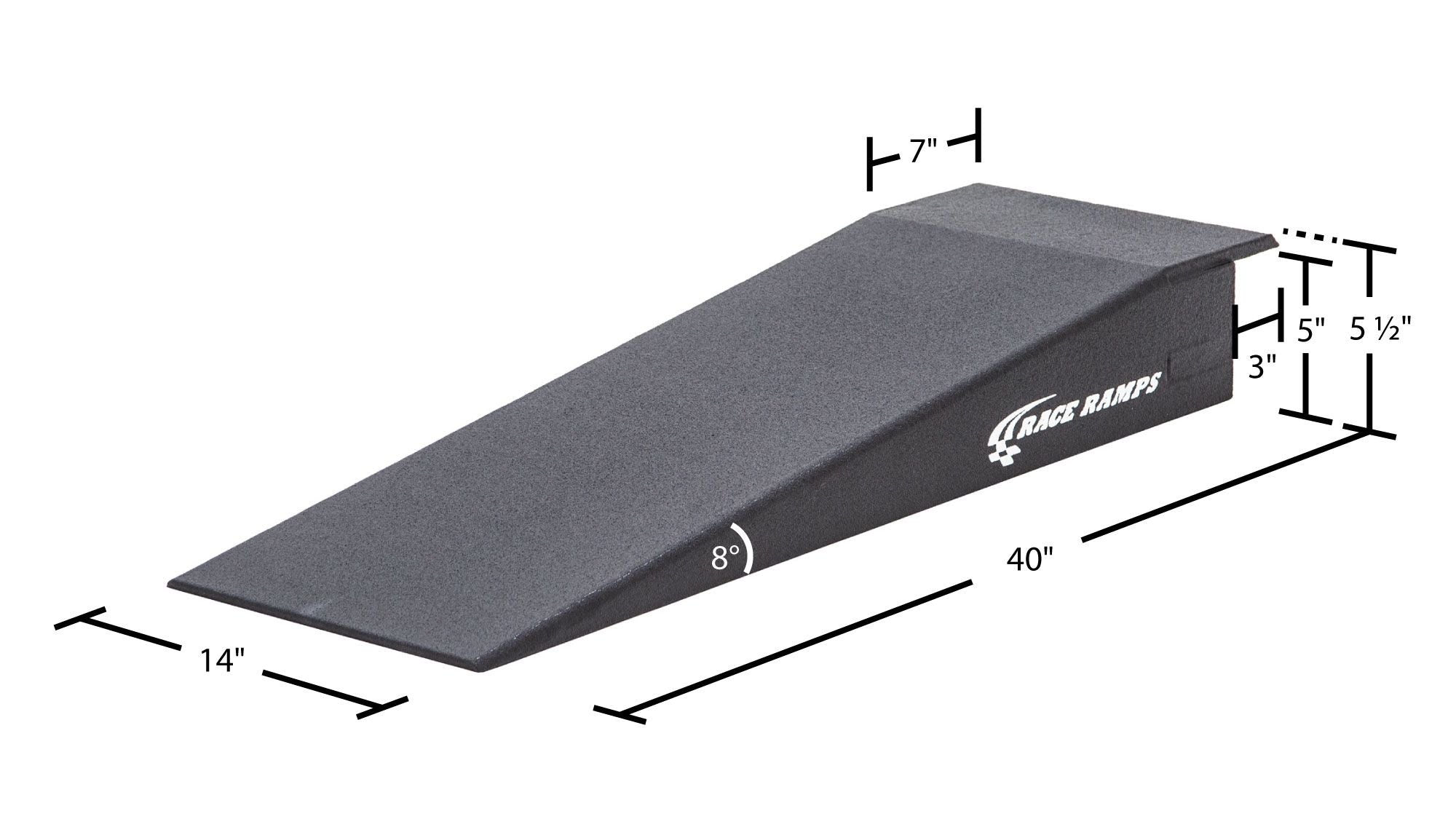 RR-RACK-5 dimension drawing, 40 inch length, 14 inch width, 5 inch lift with a 3 inch lip