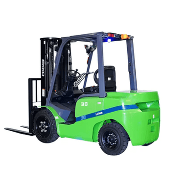 Rear-side angle of the Ekko EK30GT‑Li 6,000 lb lithium forklift with safety lighting, solid pneumatic tires, and green industrial frame.
