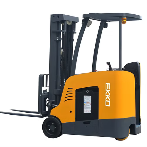 Rear-side view of EKKO EK18RF 4000 lb stand-up electric forklift with hydraulic steering and 48V battery system