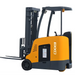 Rear-side view of EKKO EK18RF 4000 lb stand-up electric forklift with hydraulic steering and 48V battery system