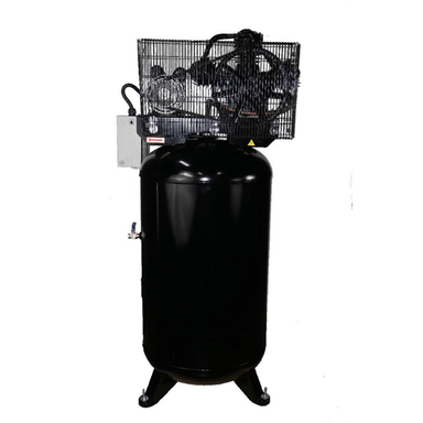 Rear-side view of the Atlas Equipment Air Force 5HP 80 Gallon Air Compressor (AF7) with protective pump cage and vertical tank configuration.