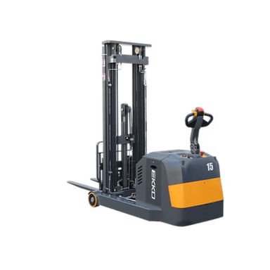 Rear-side view of the Ekko EH15TH Moving Mast Walkie Reach Truck featuring a high-lift triple mast and ergonomic handle for narrow aisle use.