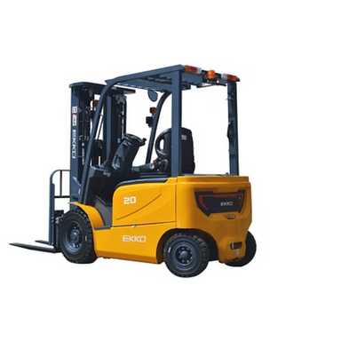 Rear-side view of the Ekko EK20GS 4-wheel electric forklift with solid pneumatic tires, ZAPI controller, and yellow steel body