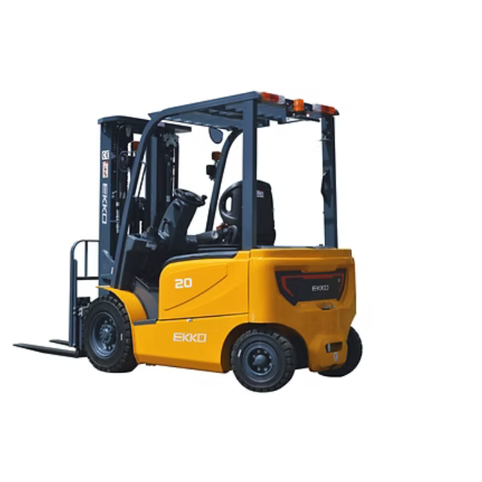 Rear-side view of the Ekko EK20GS 4-wheel electric forklift with solid pneumatic tires, ZAPI controller, and yellow steel body