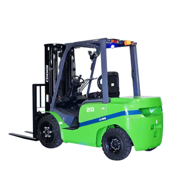 Rear-side view of the Ekko EK20GT‑Li lithium forklift showcasing its solid pneumatic tires, operator cockpit, and overhead LED safety lighting.