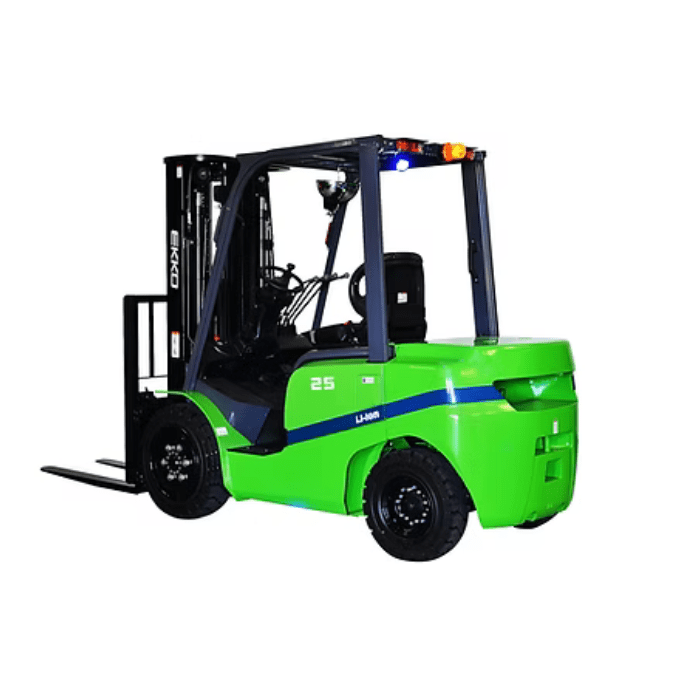 Rear-side view of the Ekko EK25GT-Li lithium forklift in bright green finish, built for 5,000 lb capacity with solid pneumatic tires.