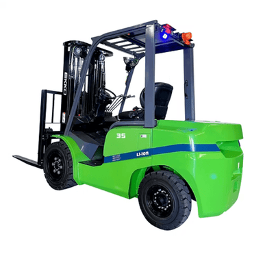 Rear-side view of the Ekko EK30GT‑Li lithium forklift, featuring solid pneumatic tires, overhead safety lights, and ergonomic operator cockpit.