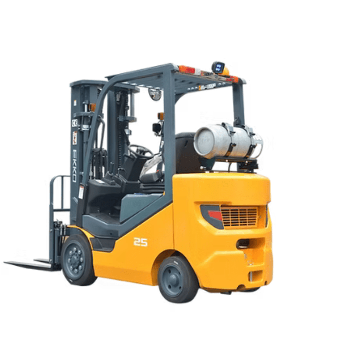 Rear and side view of Ekko EK25CLP LPG forklift, equipped with safety lights and 5,000 lb lifting capacity for indoor warehouse use