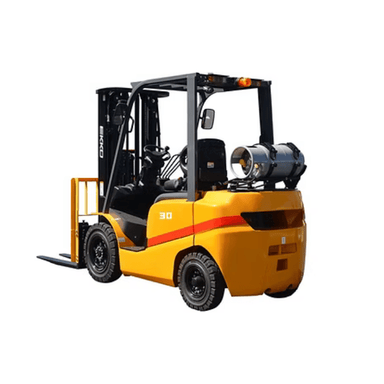 Rear angle of EKKO EK30TLP forklift with 6,000 lb capacity, LPG tank, and solid pneumatic tires on clean white background.