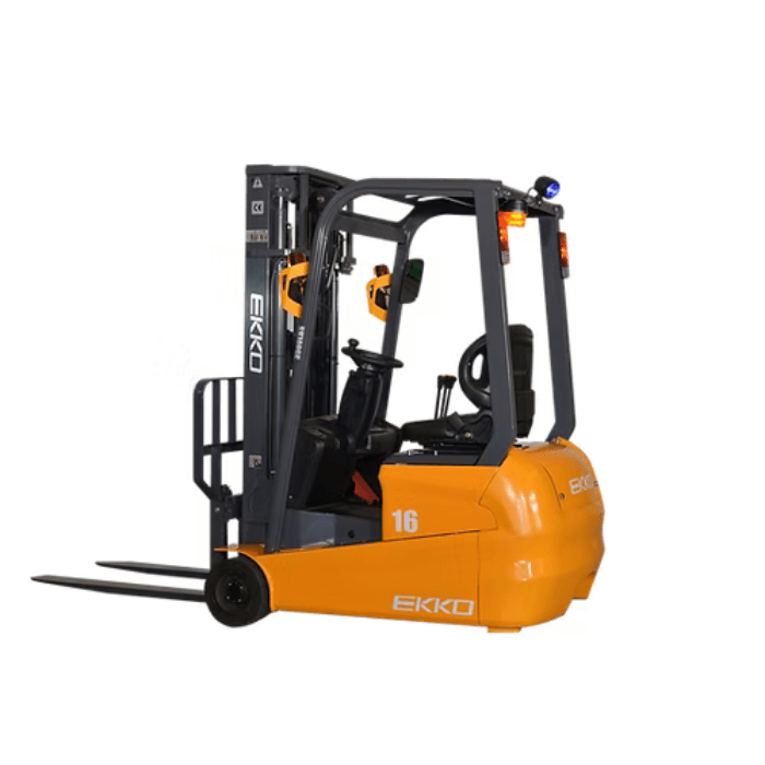 Rear angled view of the Ekko EK16A-177 showing its compact 3-wheel design, overhead guard, and ergonomic operator station.