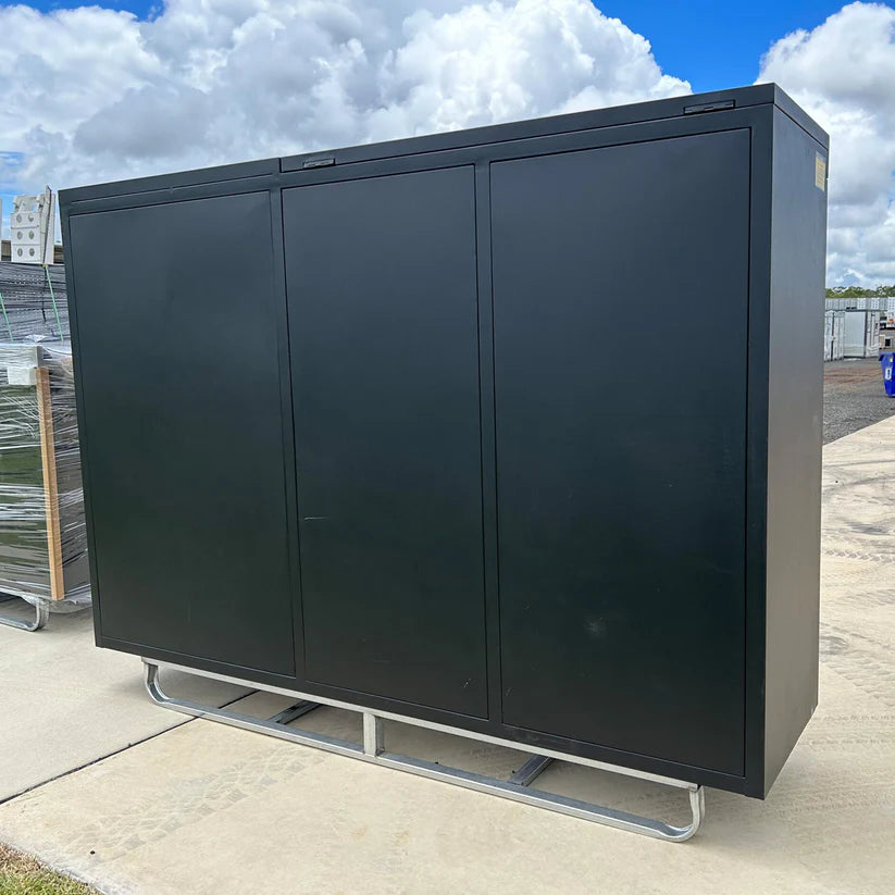 Rear panel of matte black garage cabinet system designed by Chery Industrial