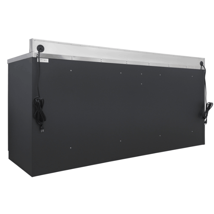 Rear panel view of the gray Dragonfire Pro Series 24 drawer 7ft workbench showing backsplash and power cord routing (DFT-WB-24)