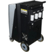Rear side view of the Katool R-1234YF Dual A-C Machine showing oil bottle storage, ventilation fans, and heavy-duty wheels for mobility.