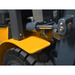 Rear steering cylinder and solid pneumatic tire on Ekko's EK35LP forklift, built for precision handling and 7,000 lb loads