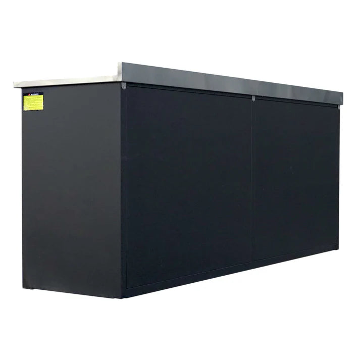 Rear view of 7 ft garage workbench cabinet showing enclosed steel back panel