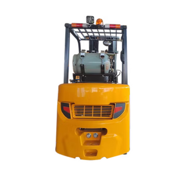 Rear view of Ekko Lifts EK30SLP forklift showing single LPG tank, protective overhead guard, and compact counterweight design