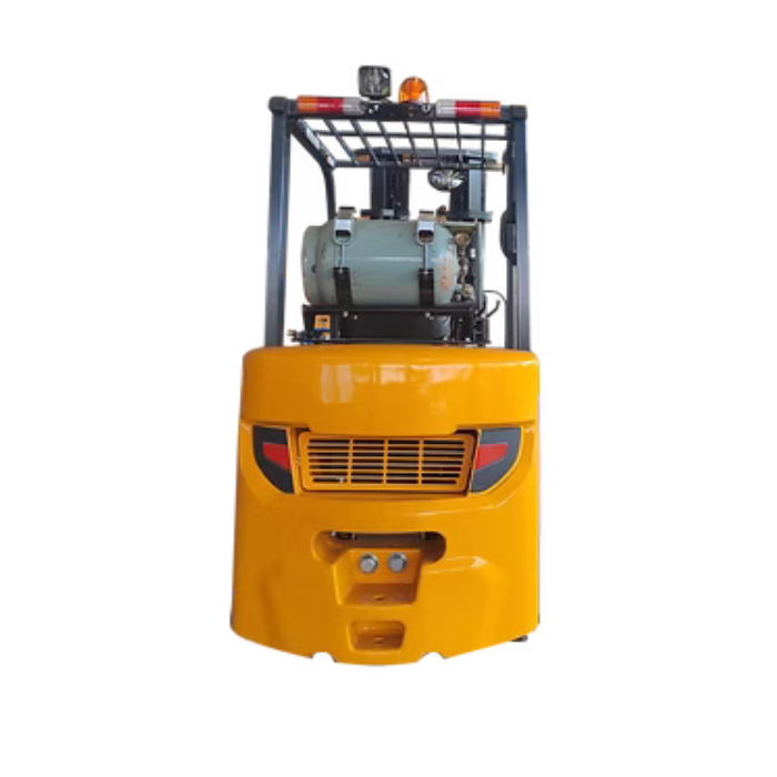 Rear view of Ekko Lifts EK30SLP forklift showing single LPG tank, protective overhead guard, and compact counterweight design