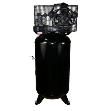 Rear view of the Atlas AF6 Air Compressor showing the vertical 80-gallon tank, safety valve, and enclosed belt-driven pump system.