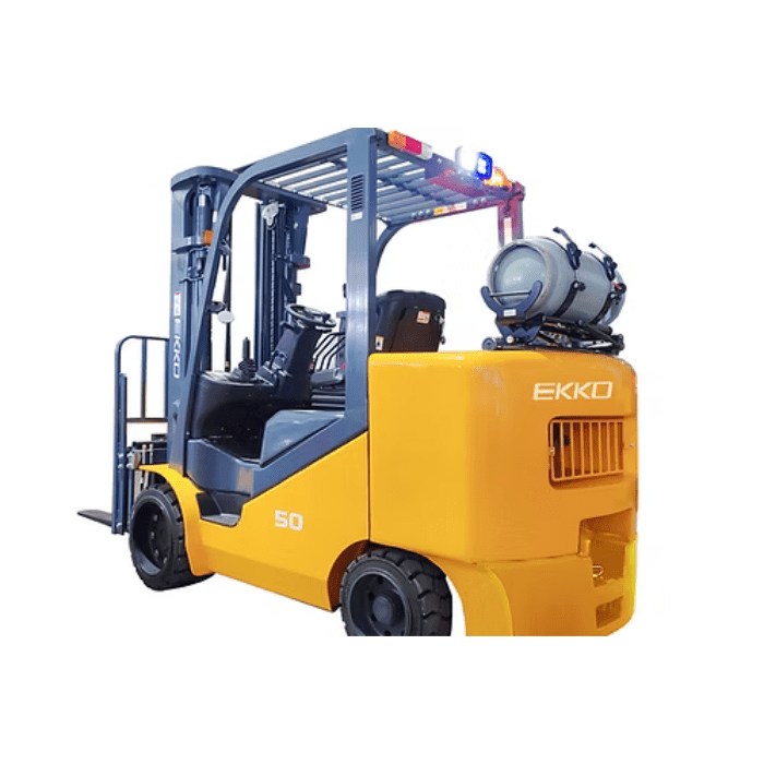 Rear view of the EK50LP forklift from Ekko Lifts, featuring dual LPG tanks, LED safety lights, and a 10,000 lb load capacity