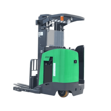 Rear view of the Ekko EK18RR-196Li lithium-powered reach truck with electronic power steering and ergonomic operator platform
