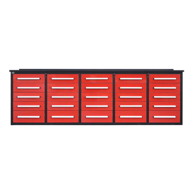 Red 10 foot heavy duty workbench cabinet by Chery Industrial featuring 25 steel drawers and black frame