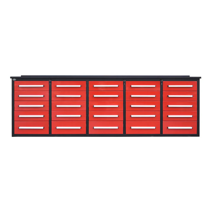 Red 10 foot heavy duty workbench cabinet by Chery Industrial featuring 25 steel drawers and black frame
