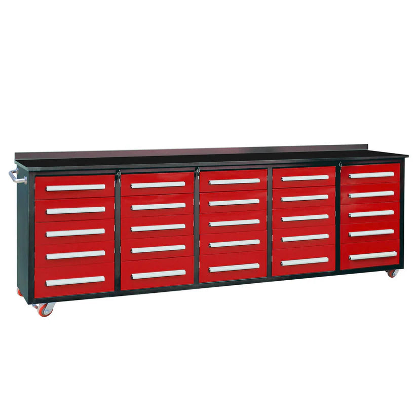 Red 10ft 25 drawer rolling storage workbench made by Chery Industrial with stainless top and long drawer pulls