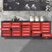 Red 10ft 25 drawer rolling workbench cabinet by Chery Industrial in a garage with multiple drawers extended