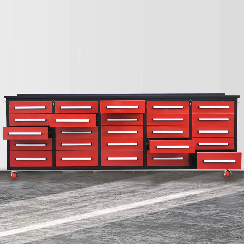 Red 10ft 25 drawer rolling workbench cabinet with multiple drawers open, made by Chery Industrial