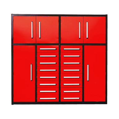 Red 7ft garage storage cabinet with 16 drawers by Chery Industrial front view with tall side doors and center drawers
