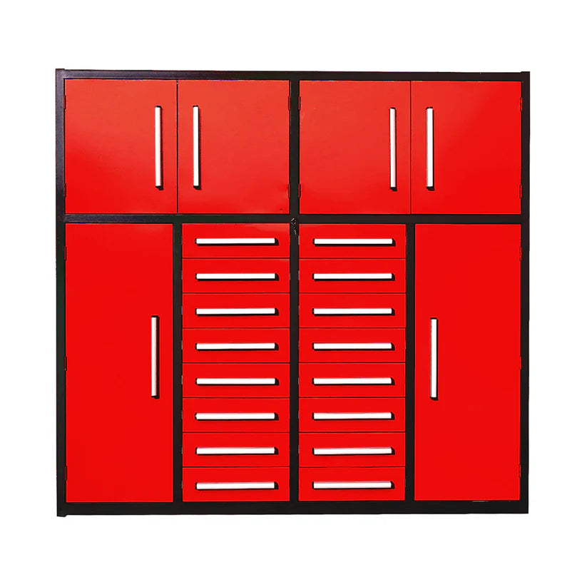 Red 7ft garage storage cabinet with 16 drawers by Chery Industrial front view with tall side doors and center drawers